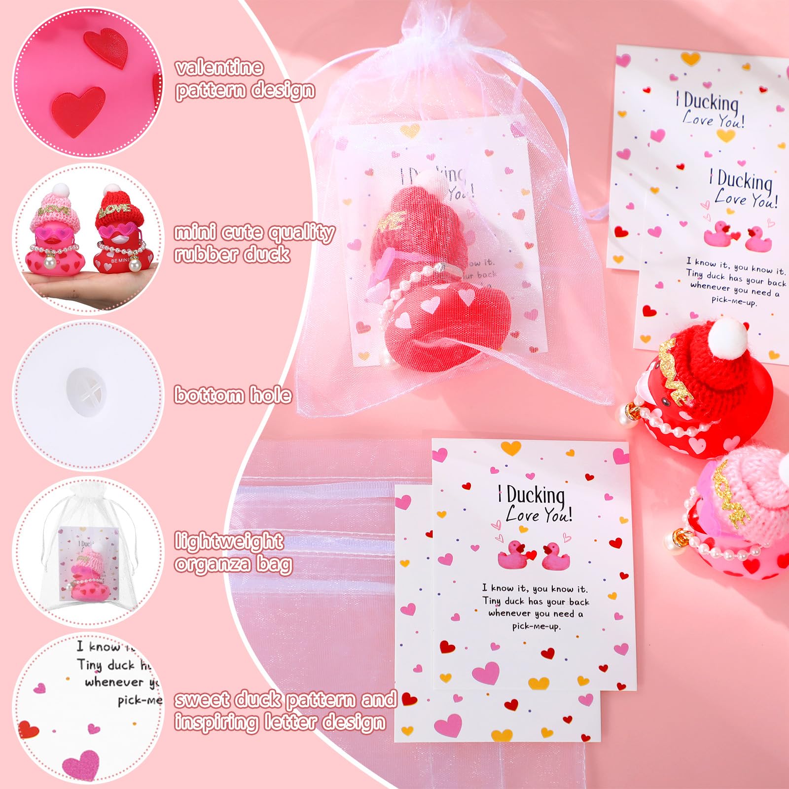 Lunmon 50 Pcs Valentine's Day Rubber Duck for Exchanging Gifts 50 Cards 50 Organza Bags 50 Hats 2 Inch Pink Red Heart Love Valentines Duck with Fake Pearl Necklace for Party Favors