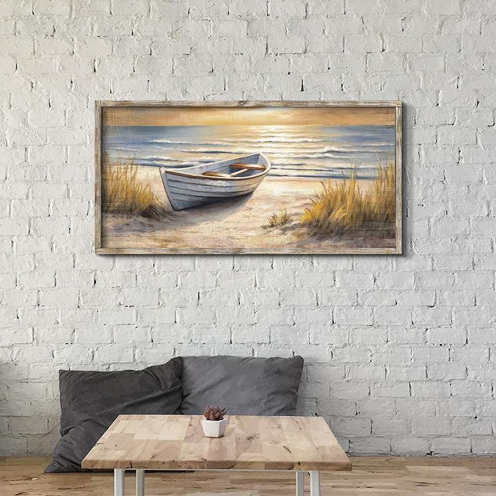 Skiennix Coastal Wall Art - Ocean Boat Sunset Painting | Seascape Decor for Living Room, 40”x20”