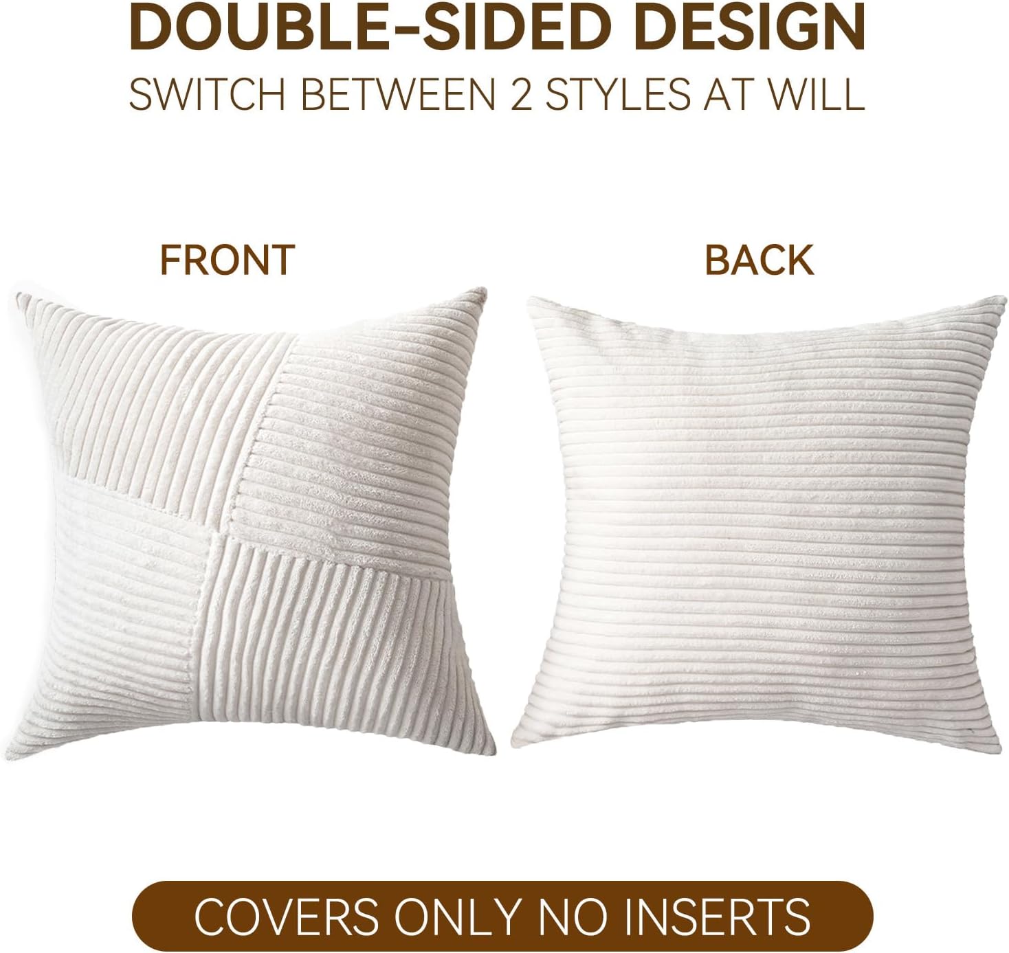 Skiennix Decorative Throw Pillow Covers - Soft Corduroy Striped Patchwork | 18x18 Inch Set of 2 for Boho Farmhouse Decor