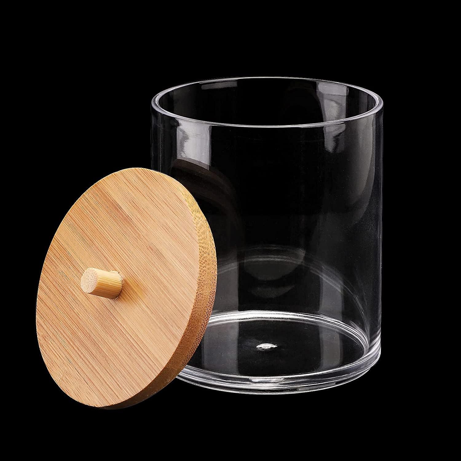 Qtip Holder Dispenser by [Brand Name] - Bamboo Lid Vanity Tray & 10 oz Clear Plastic Jar for Makeup Storage | Bathroom Accessory Set for Cotton Swabs, Balls, Pads, Floss