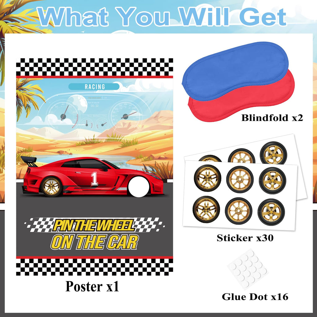 WNINK Pin The Wheels On The Car Games, Cars Party Games, Birthday Game with 30 Gold Tyres Stickers, 2 Blindfolds for Car Theme Birthday Party Racing Car Party Gifts