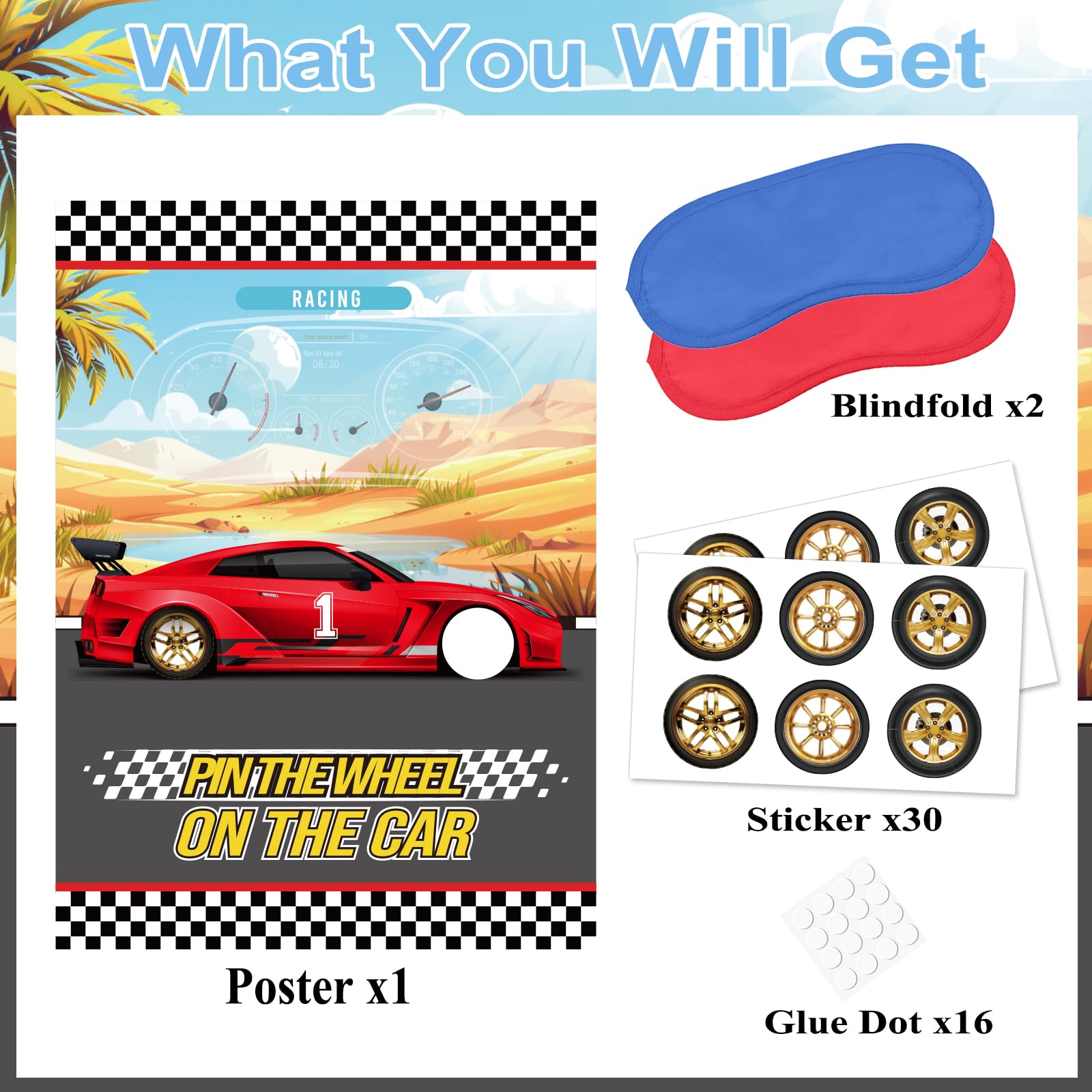 WNINK Pin The Wheels On The Car Games, Cars Party Games, Birthday Game with 30 Gold Tyres Stickers, 2 Blindfolds for Car Theme Birthday Party Racing Car Party Gifts