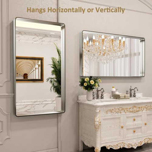 LOAAO Brushed Nickel Bathroom Mirror - 55x30 Inch Rounded Rectangle Design | Anti-Rust, Shatter-Proof, Versatile Hanging Options
