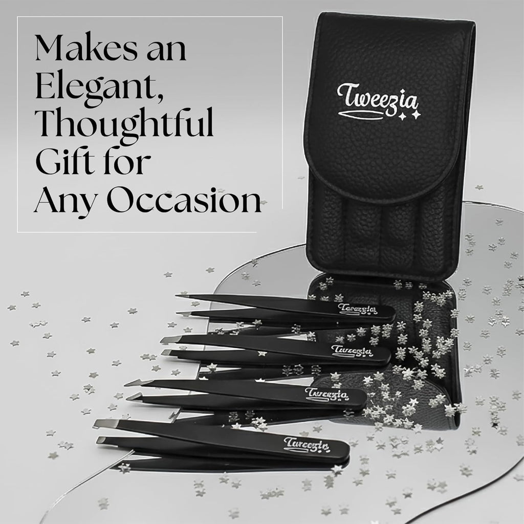 TWEEZIA Stainless Steel Tweezer Set - 4 Precision Tweezers with Mirror & Leather Case | Ideal for Eyebrows, Ingrown Hairs & Splinters