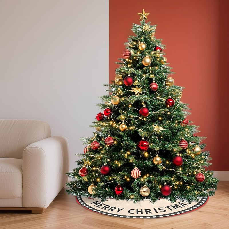 Buffalo Plaid Christmas Tree Skirt 30 Inch - Red & Black Snowflake Reindeer Xmas Mat, Xmas Tree Decor - Variation: Buffalo Plaid+30 inch