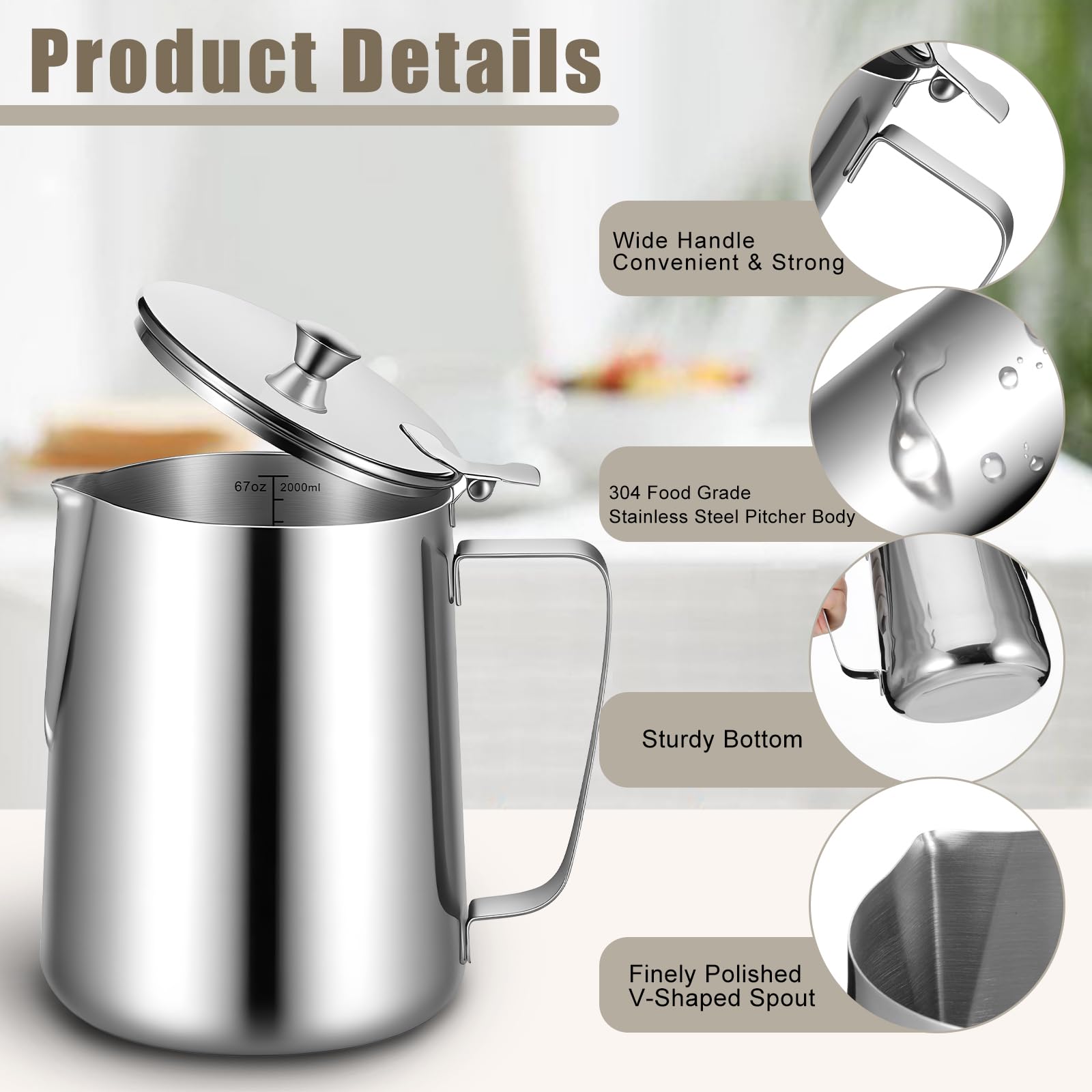 67 oz 304 Stainless Steel Pitcher with Lid, 2 L Large Mouth Graduated Beakers, Large Metal Measuring Cup with Handle, Milk Frothing Jug for Latte Art, Espresso Machines, Iced Tea