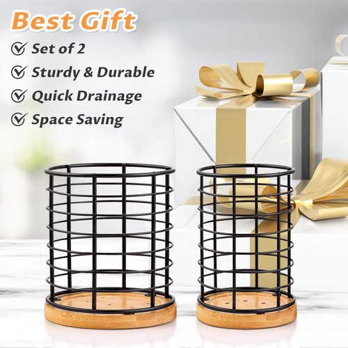 hunnycook 2-Piece Utensil Holders - 5.1*5.1*5.8 and 3.7*3.7*5.8 inches Kitchen Utensil Holders, Metal Black Crocks with Wooden Base, Easy to Drain