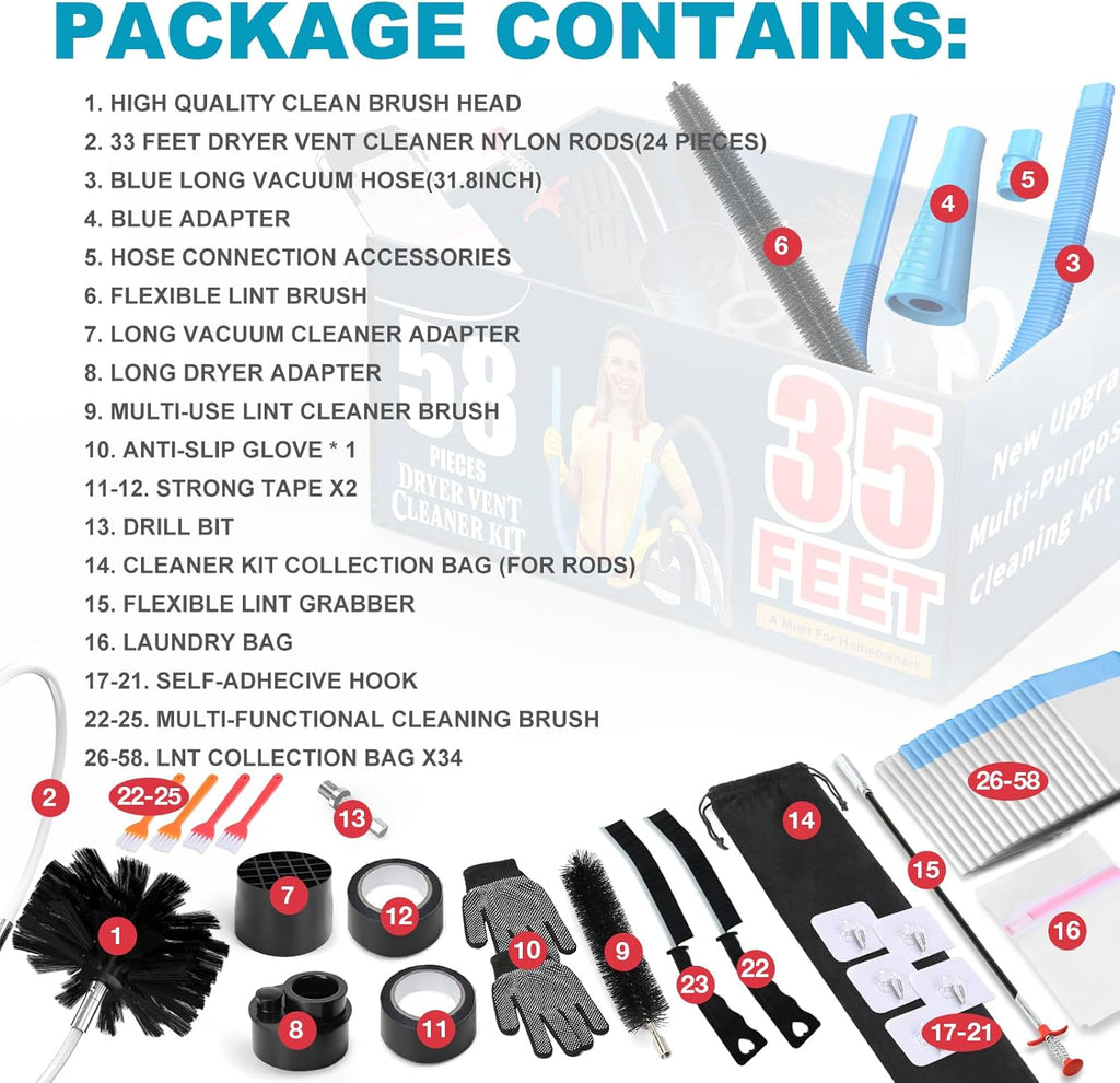 Sealegend Dryer Vent Cleaner Kit - 58 Pieces, 35 Feet with Omnidirectional Lint Vacuum Attachment & Brushes