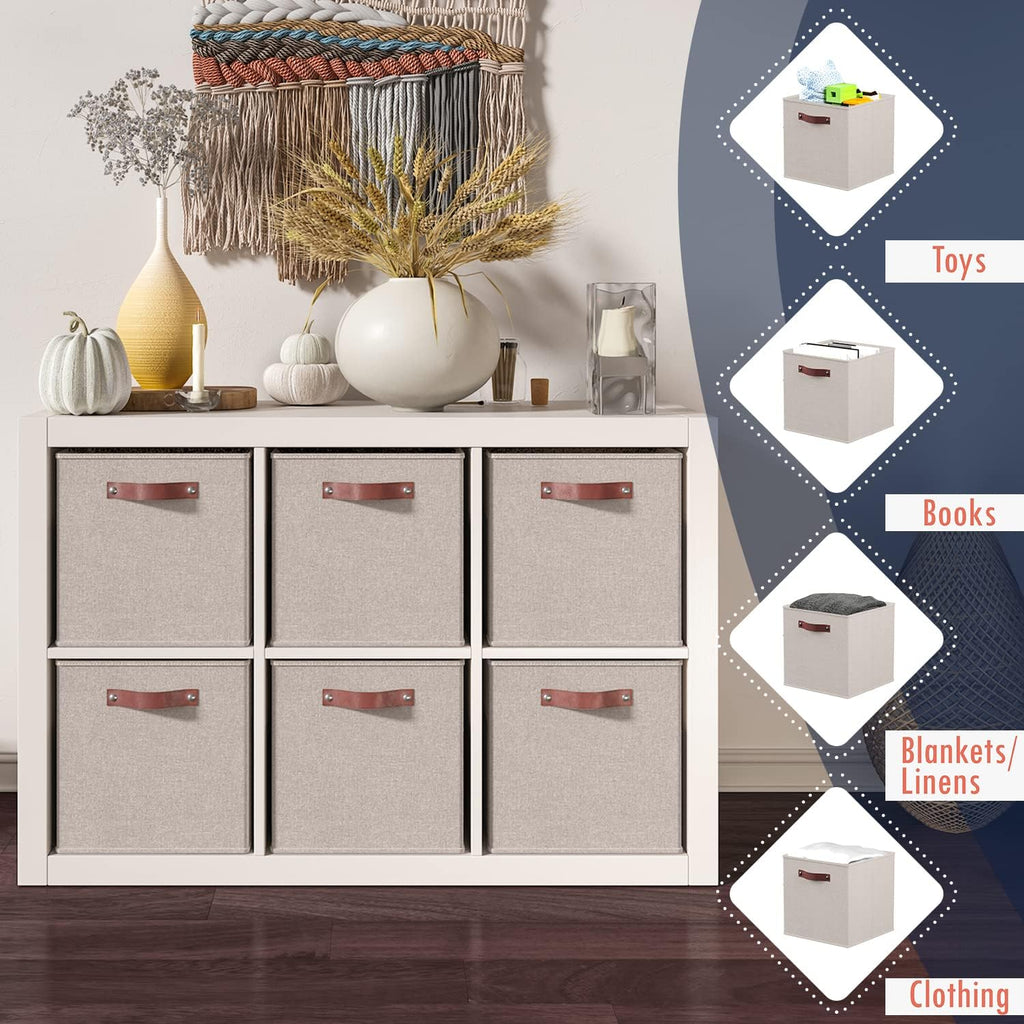 Ornavo Home Storage Cube Bins - Foldable Fabric Organizer with Leather Handles | 13x13, Beige, 6 Pack
