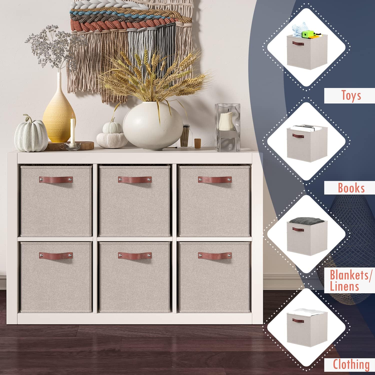 Ornavo Home Storage Cube Bins - Foldable Fabric Organizer with Leather Handles | 13x13, Beige, 6 Pack