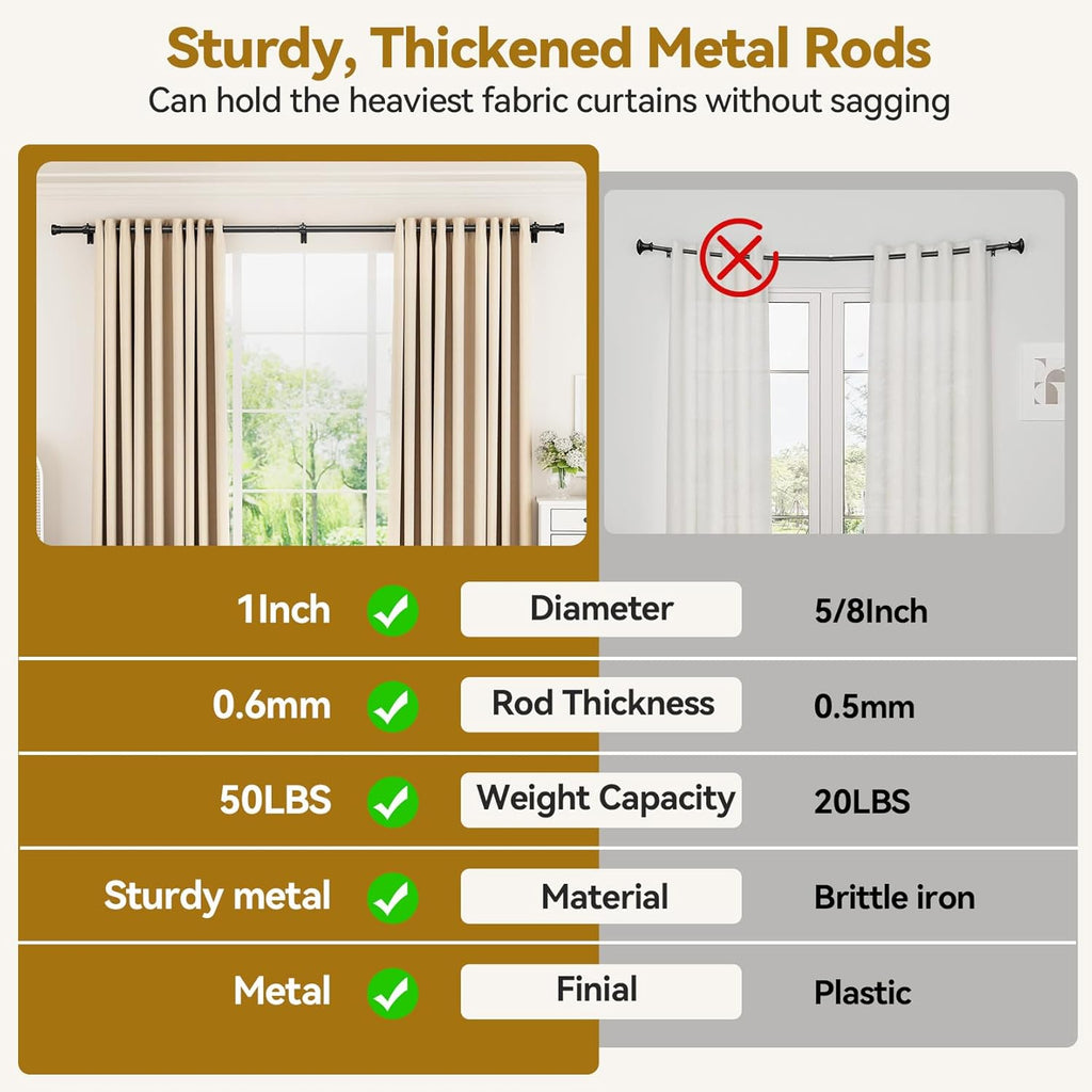 YaFex Heavy Duty Curtain Rods - Adjustable 32-144 Inch | Modern Black Design, Easy Installation