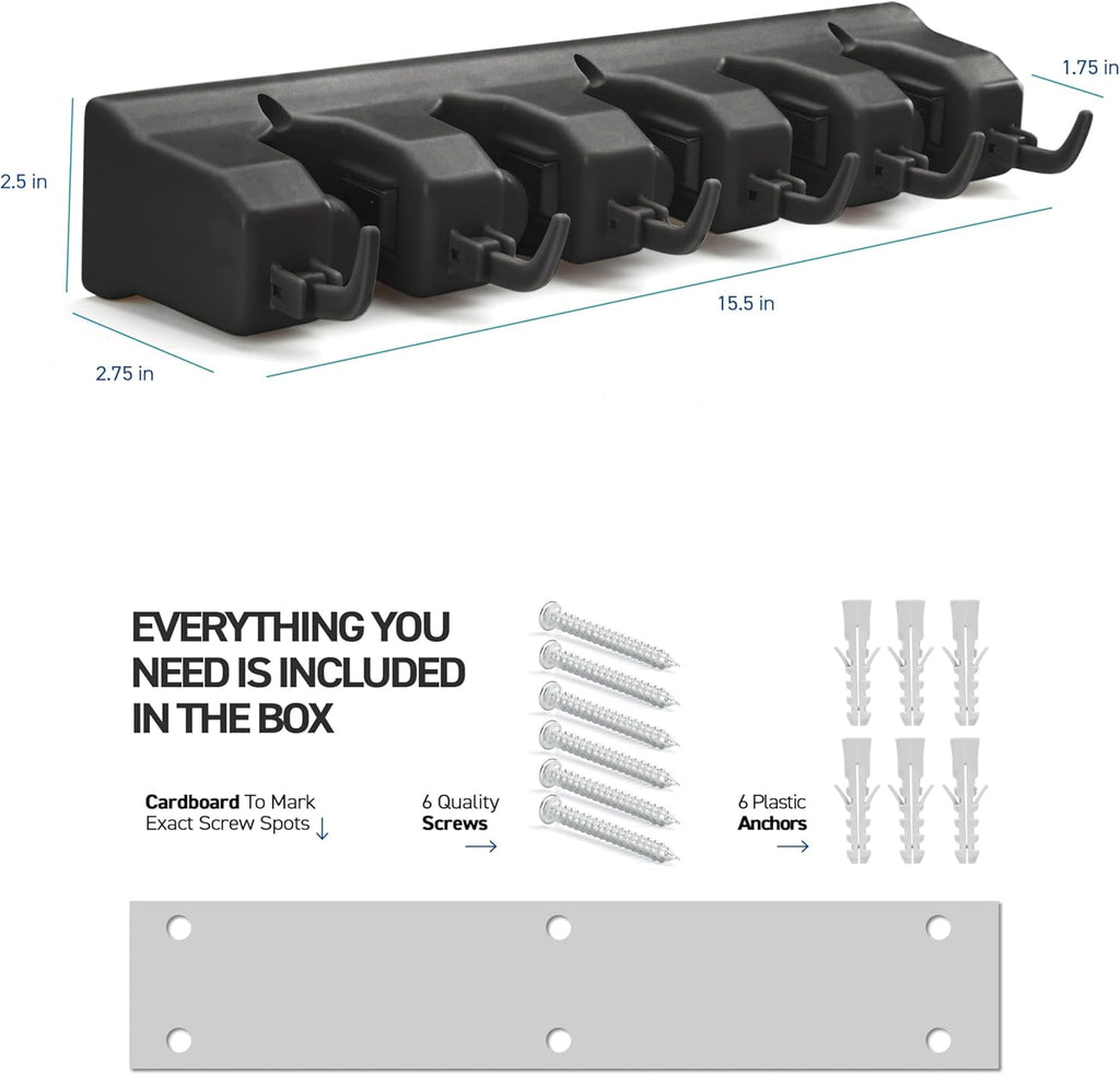Skiennix Mop and Broom Holder Wall Mount - 5 Slots & 6 Hooks for Efficient Garage Storage | Black Organizer