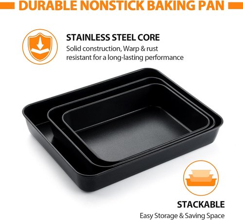 E-far Baking Pans Set of 3 - Nonstick Sheet Cake & Lasagna Pan with Lids | 12.5/10.5/9.4 Inch Metal Bakeware