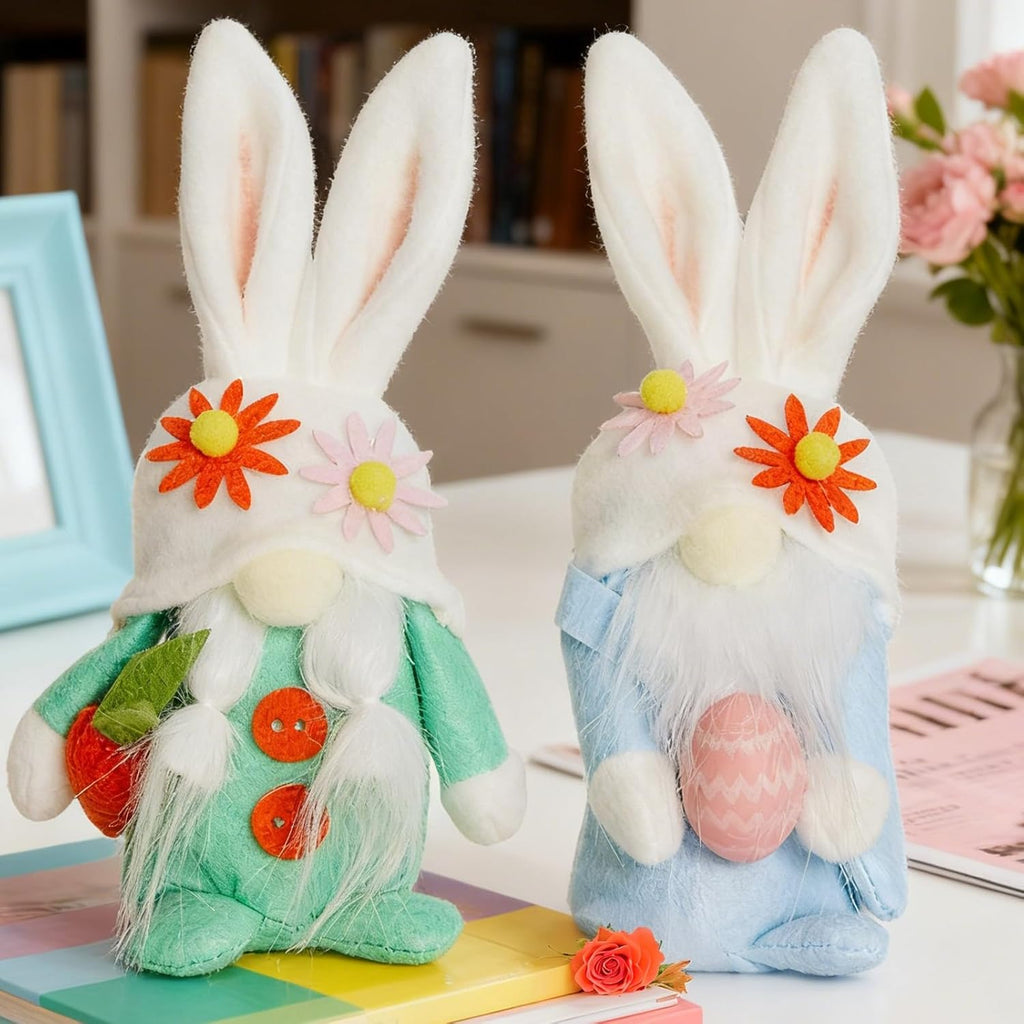 WDS Wondrous Easter Decorations - 2-Pc Soft Bunny Gnome Dolls with Carrot & Egg | Cute Spring Decor for Home
