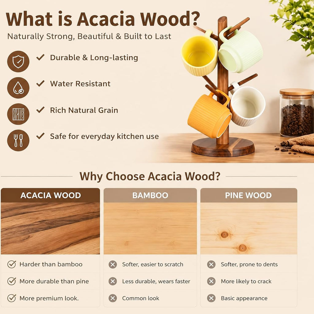 E-ROOM TREND Coffee Mug Holder Countertop Natural Acacia Wood Mug Tree, Wooden Mug Organizer with 6 Hooks for Kitchen Coffee Bar, Easy to Assemble, Ideal for Small to Medium Mugs