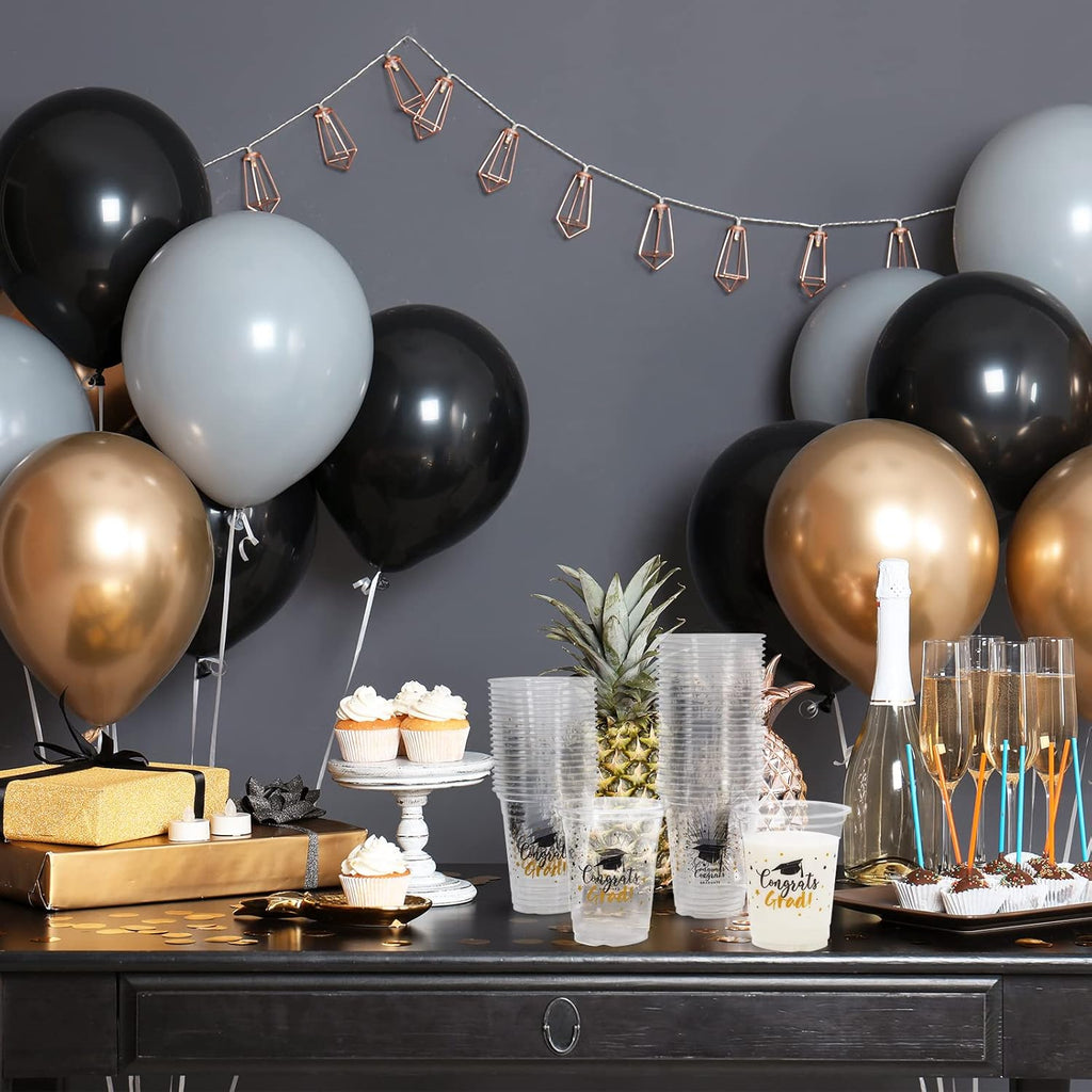 Whaline Graduation Cups - 12oz Black & Gold Disposable Party Cups | 50-Pack for Class of 2025 Celebrations