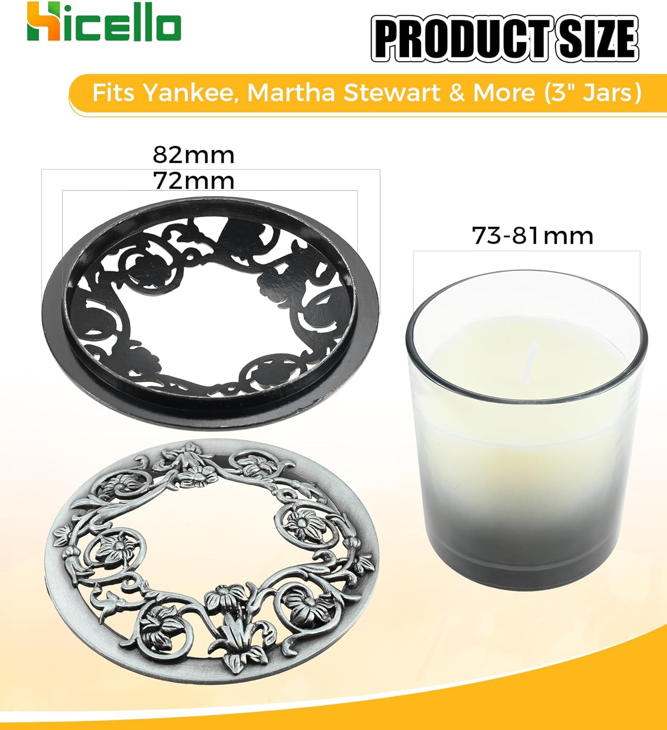 Skiennix Candle Toppers - Set of 2 Silver Metal Lids with Floral Design | Fits 80mm Yankee Candles, Enhances Even Burning, Perfect Gift for Women