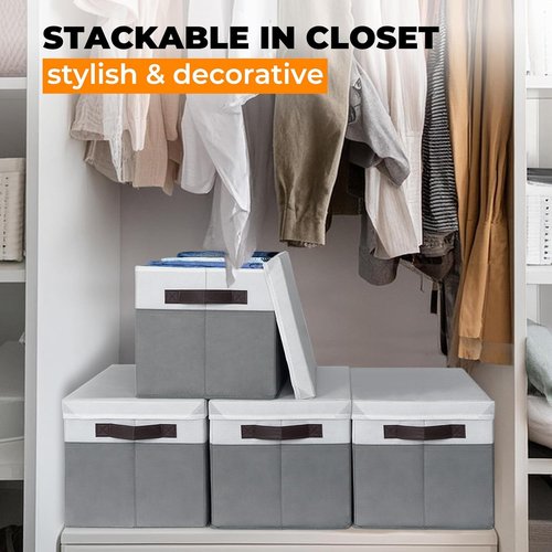 Large Closet Storage Baskets by [Brand Name] - Stackable Organizing Bins with Lids | 4-Pack for Nursery, Bedroom, and Home - 14x10x9.5