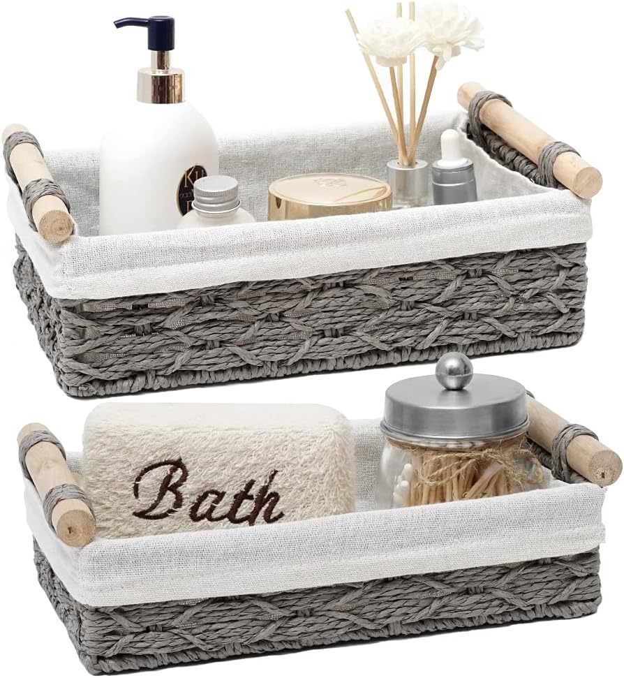 Skiennix Wicker Storage Baskets - Stylish Organizing Bins for Counter & Toilet Paper | Set of 2, Grey