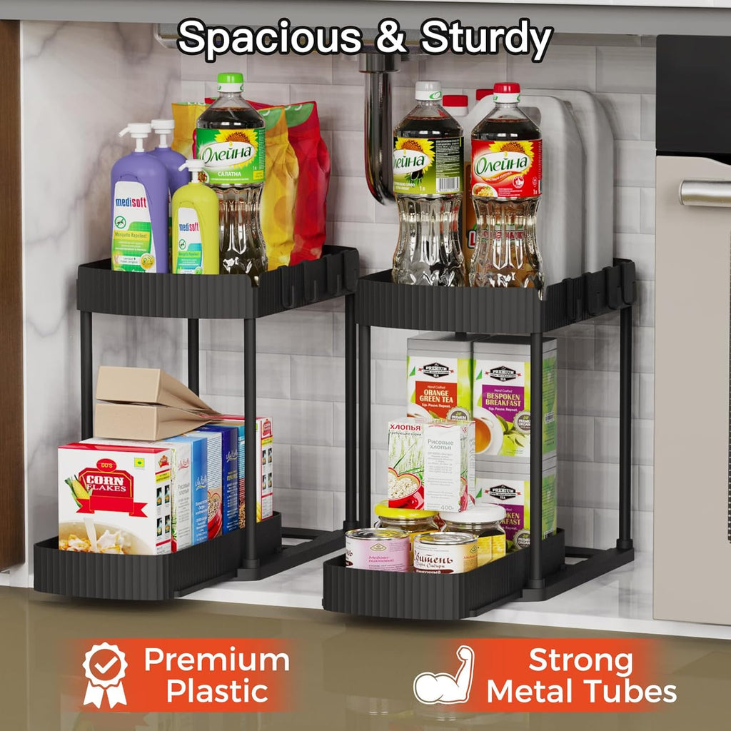 Ukeetap Multi-Purpose Pull-Out Storage Organizers - Under Sink & Cabinet Storage for Bathroom & Kitchen | Black, 12.8 Inches, 2 Packs