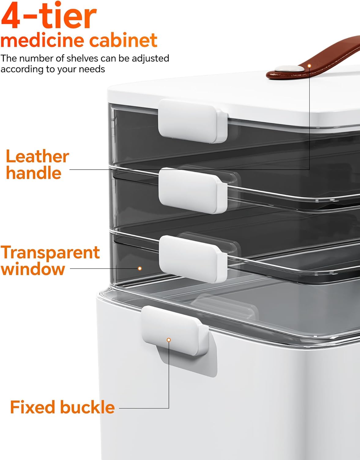 Skiennix 4-Tier Medicine Cabinet Organizer - Stylish Leather Handle & Portable Pill Organizer | Versatile Storage Solution for Home Emergencies