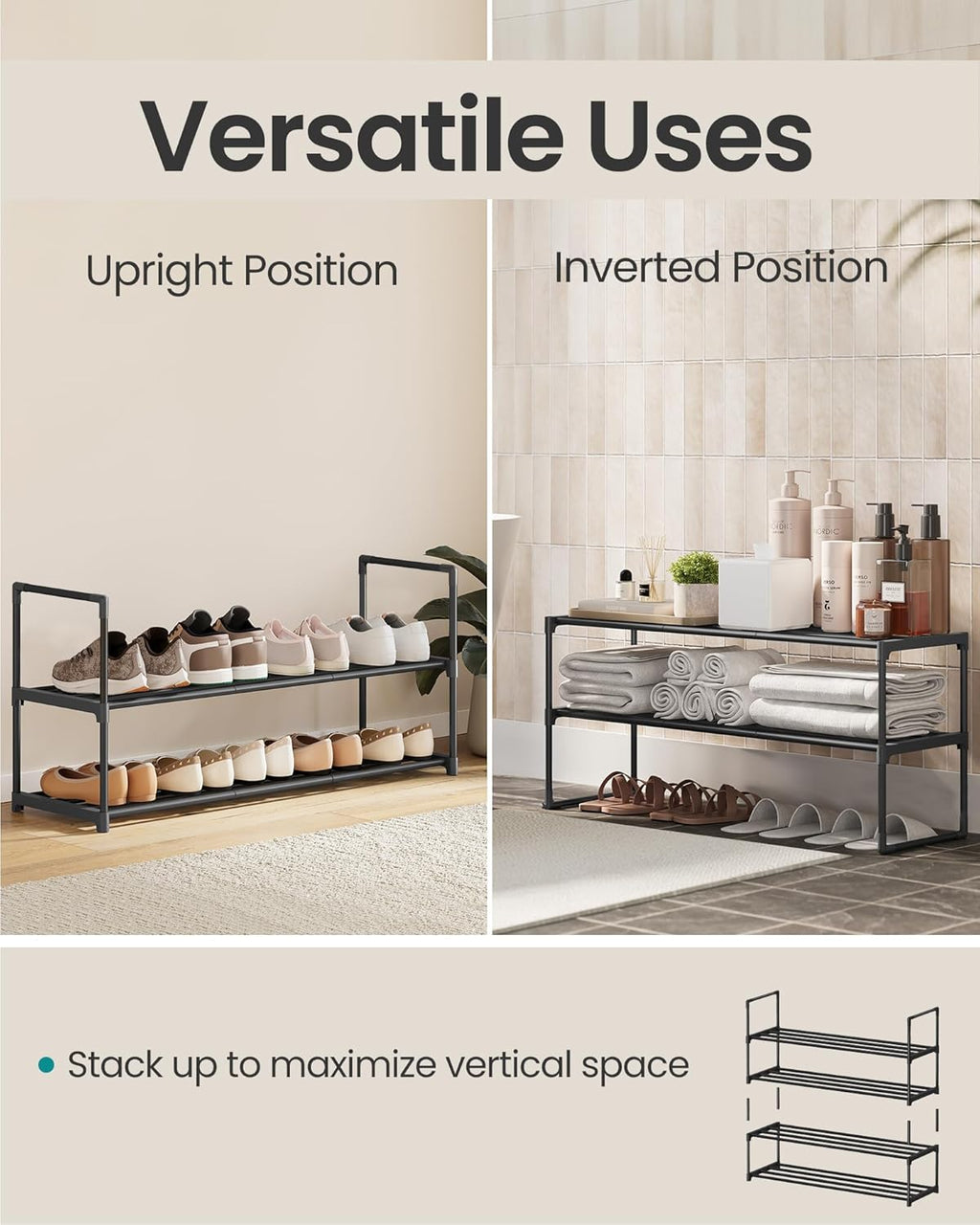 SONGMICS 2-Tier Shoe Rack - Stackable Metal Organizer for 12-15 Pairs | Black, 11.8 x 36.2 x 14.6 Inches