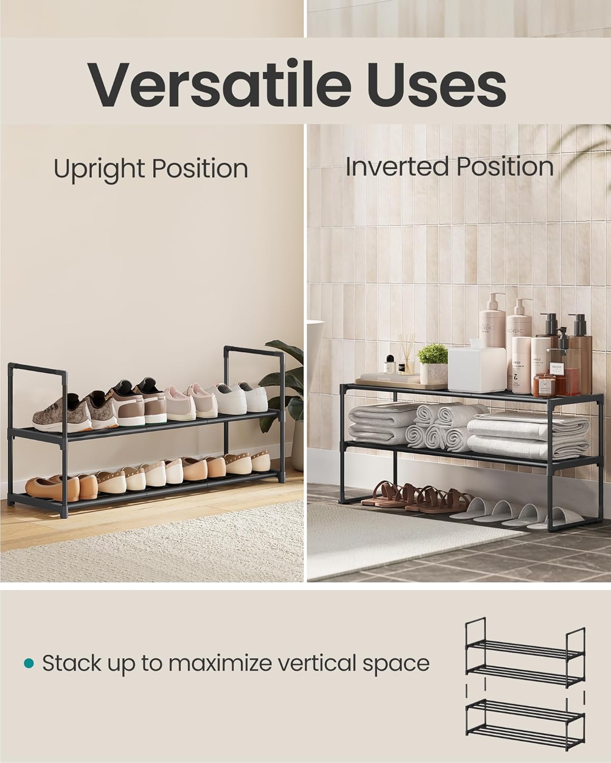 SONGMICS 2-Tier Shoe Rack - Stackable Metal Organizer for 12-15 Pairs | Black, 11.8 x 36.2 x 14.6 Inches