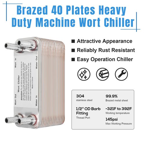 FERRODAY 40 Plate Wort Chiller, 1/2 Barb Fitting Brazed Plate Heat Exchanger, Stainless Steel Homebrew Plate Wort Chiller, Beer Chiller Wort Cooler Heat Exchanger For Brewing-7.5" x 3.8"