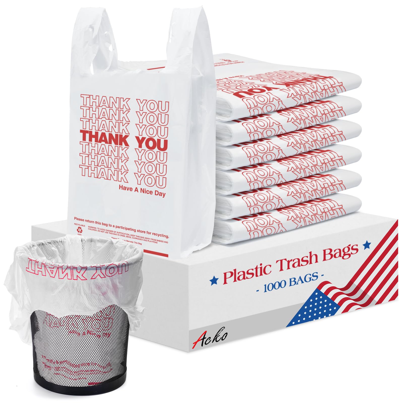 ACKO 1000 Count - Plastic T-shirt Bags with Handle, (11.5 x 6.5 x 21") 4 Gallon Thank You Bags for Grocery, Take Out, To Go, Retail Shopping Bag, Small Garbage Trash Bag for Home Office Kitchen