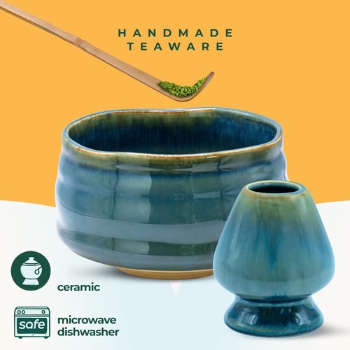 Matcha Gift Set 6 Pcs – Ceramic Bowl, Bamboo Whisk, Whisk Holder, Scoop, Sifter & Cloth – Traditional Japanese Set for Green Tea by Aprika Matcha (Blue)
