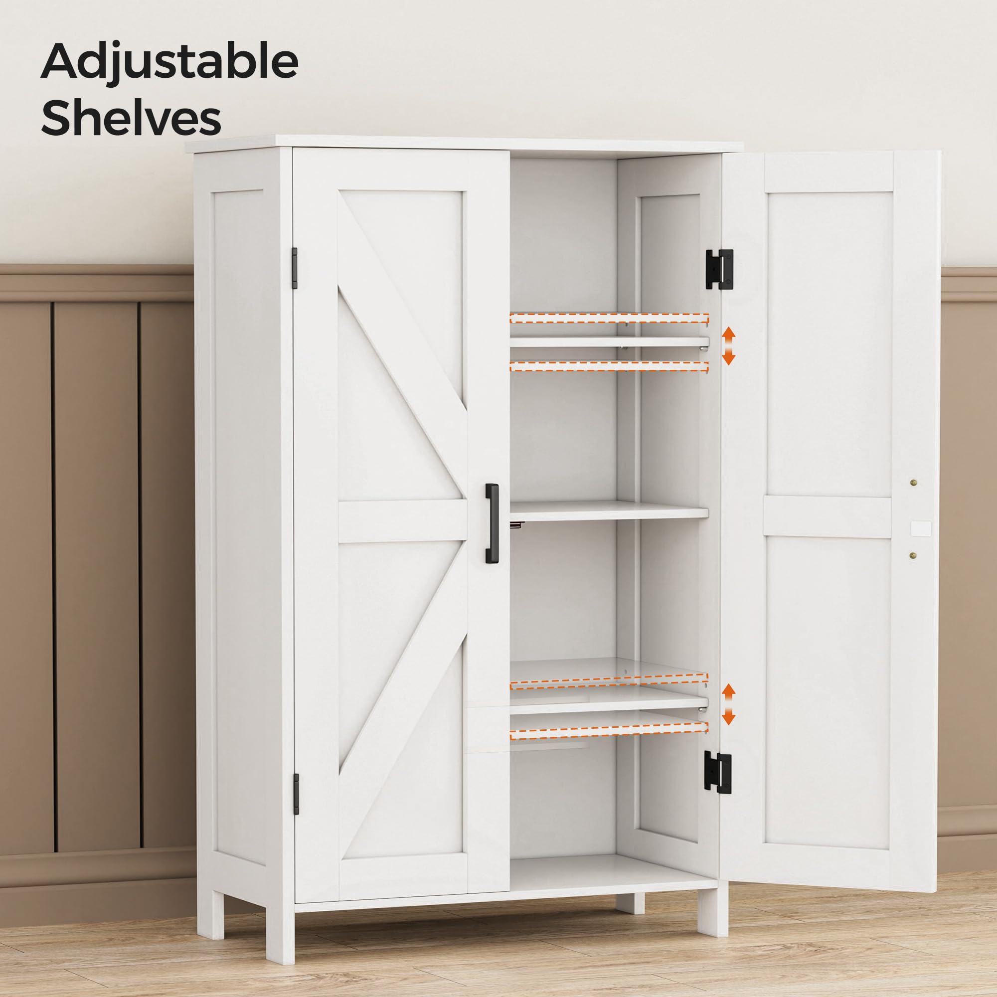 Homleke Farmhouse Bathroom Cabinet with Adjustable Shelves, Free-Standing Storage Cabinet with Barn Doors, for Kitchen, Living Room, Dining Room, Entryway, White