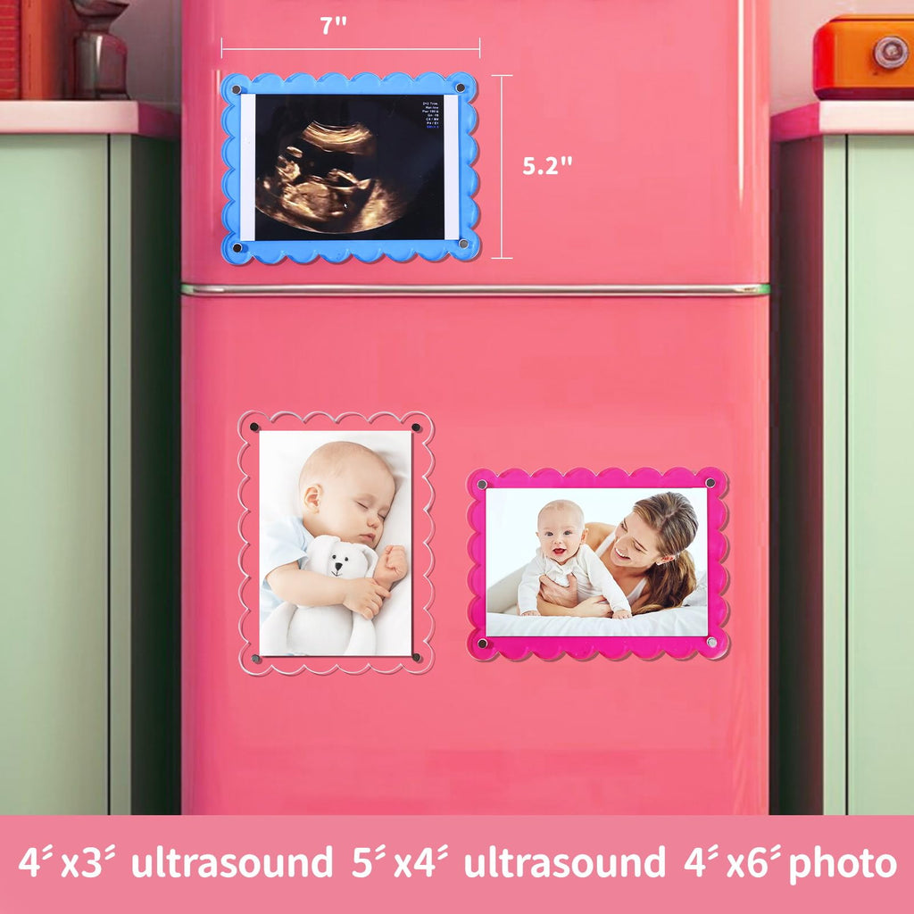Mlatnod Magnetic Clear Acrylic Scalloped Baby Ultrasound Picture Frame - Sonogram Frame for Refrigerator, Display for Pregnancy Announcement, Gender Reveal & Expecting Parents Gifts(No Stand)