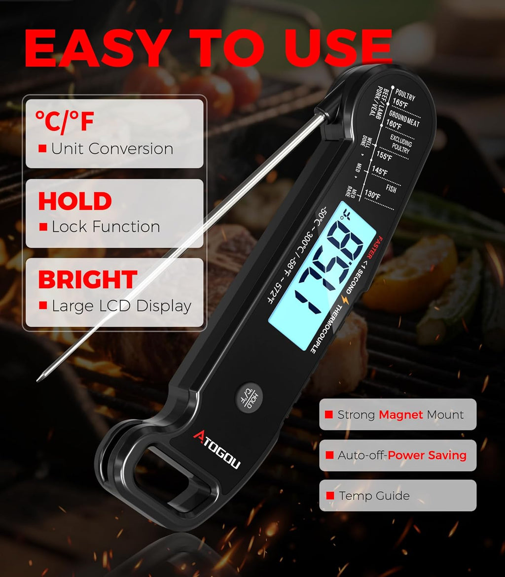 Atogou Meat Thermometer - Professional Instant Read Food Thermometer | Waterproof, ±0.5℉ Accuracy, Black