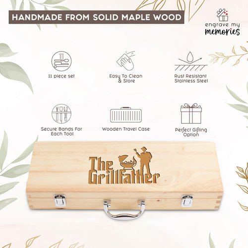 11-Piece BBQ Grill Tool Set with Engraved Maple Wood Gift Box with Stainless Steel Barbecue Accessories with Wooden Handles – The Grillfather Grilling Kit for Dad, Men, Husband
