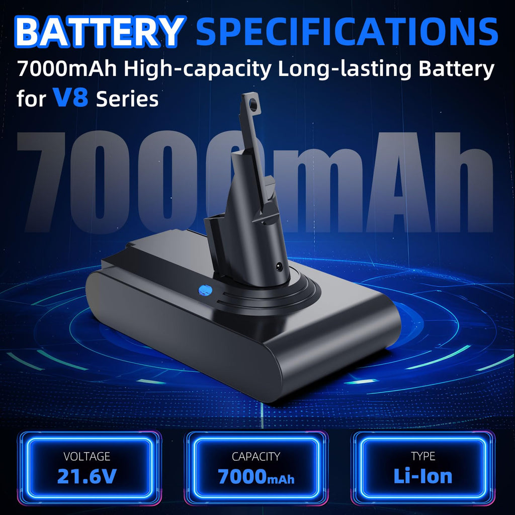 MTYSP V8 SV10 Battery Replacement, Extended Run 64min 7000mAh Lithium-Ion Bateria Compatible with SV10 V8 Animal/Absolute/Fluffy/Motorhead/Carbon Fiber Stick Series Handheld Vacuum Cleaners