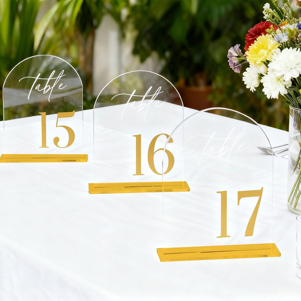 Arch Wedding Table Numbers 1-20 with Stands,5 x 8 Inch Transparent Acrylic Reception Table Signs Golden Letters,Perfect for Wedding Receptions, Parties, Anniversaries, and Events (1-20 golden)