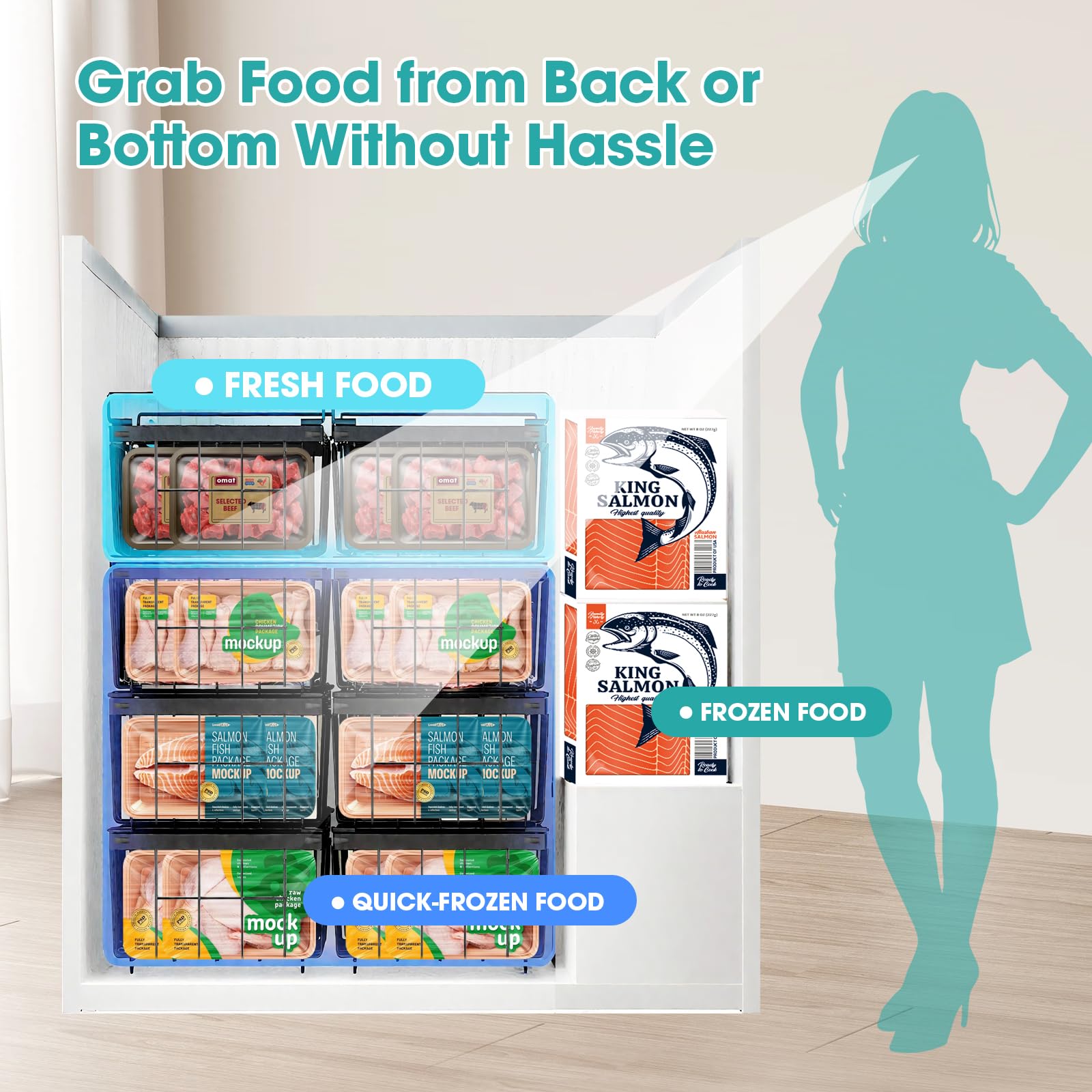 Freezer Organizer Bins, 2 Pack Expandable Stackable Chest Freezer Containers with Hanging Handles, Adjustable From 14.6" to 24.8" Storage Baskets for Fridge, Deep Freezer, Cabinet, Kitchen, Pantry