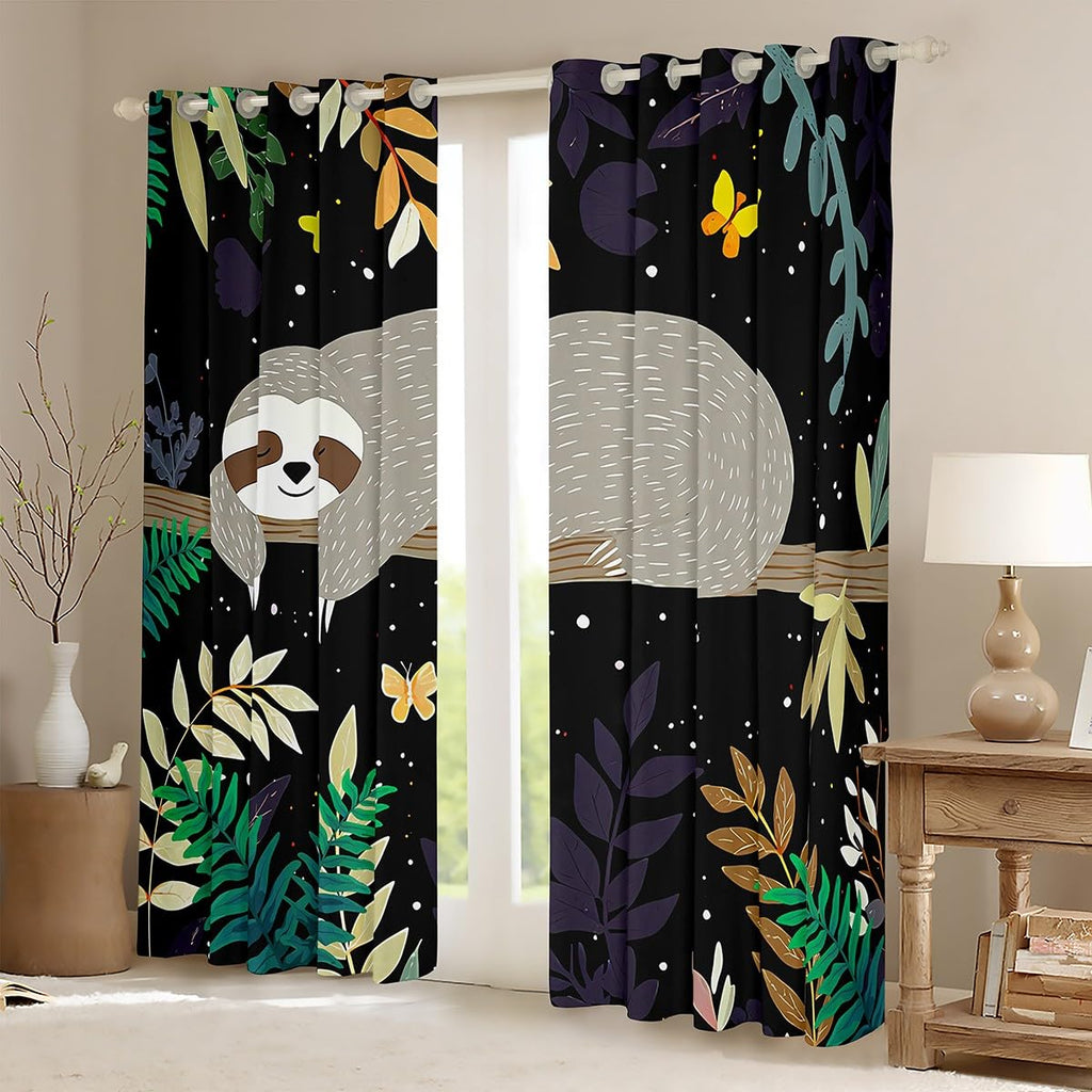 Feelyou Sloth Window Treatments Cute Sloth Window Drapes for Kids Boys Girls Galaxy Butterfly Curtains Botanical Leaves Blackout Curtain 42W X 63L,2 Panels