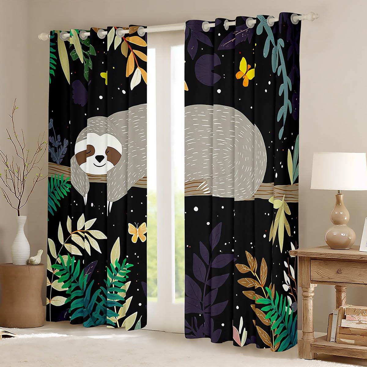 Feelyou Sloth Window Treatments Cute Sloth Window Drapes for Kids Boys Girls Galaxy Butterfly Curtains Botanical Leaves Blackout Curtain 42W X 63L,2 Panels
