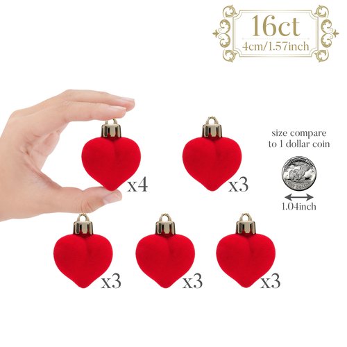 Valery Madelyn 1.57 Inches Small Red Christmas Heart Ornaments Set for Valentines Day Tree Decorations, 16ct Velvet Red Shatterproof Christmas Valentines Hanging Ball Decor