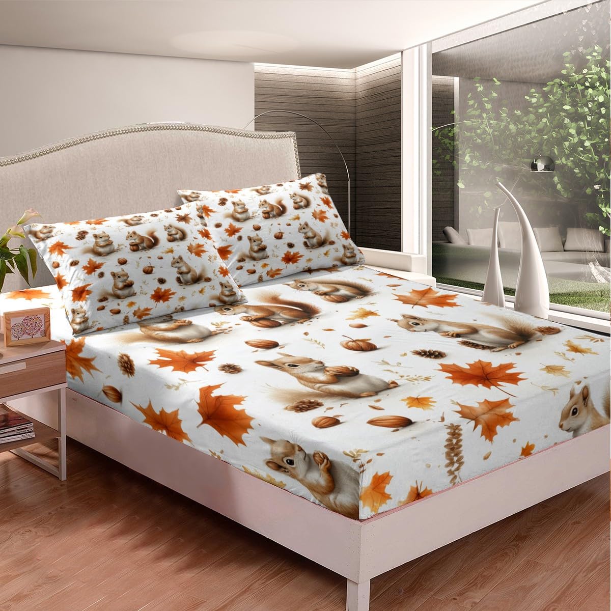Feelyou Boys Girls Fall Autumn Sheet Set Queen Size, Cute Squirrel Bed Sheets Set Cartoon Animal Sheets with Deep Pocket Fitted Sheet Kids Maple Leaf Teens Bedding Set with 2 Pillow Case