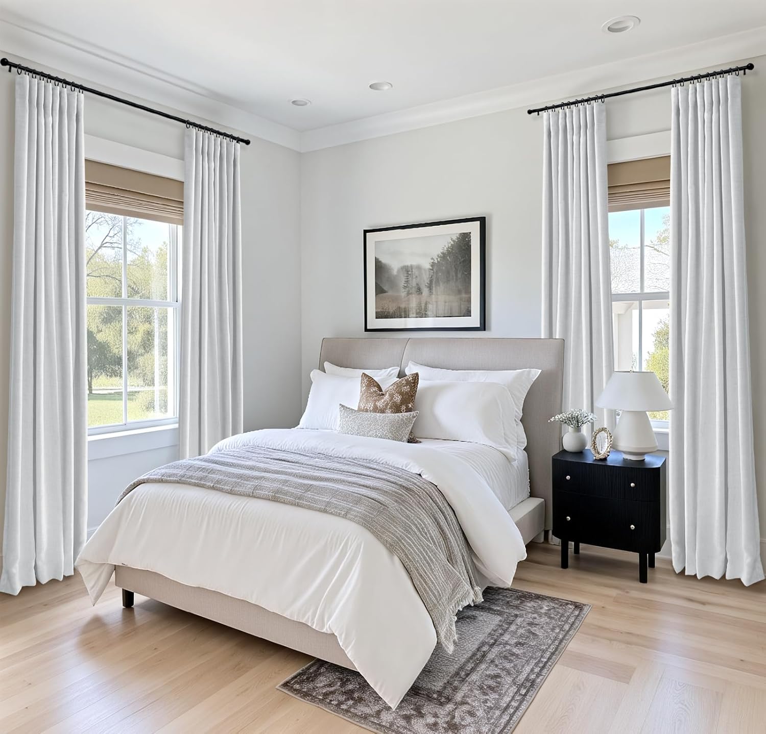 Skiennix 100% Blackout Curtains - Thermal Insulated Faux Linen | 84-Inch Length, 2 Panels, Bright White
