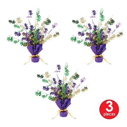 Beistle Mardi Gras Gleam 'N Burst Centerpieces, 3-Piece Metallic Table Decorations in Green, Purple, and Gold with Comedy Tragedy Icons for New Orleans Parties and Celebrations, 15”