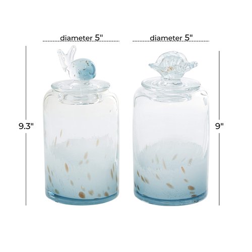 Deco 79 Glass Shell Handmade Living Room Decorative Jars Decorative Container with Whale and Seashell Tops, Set of 2 Jar with Lid 5"W, 9"H, Blue