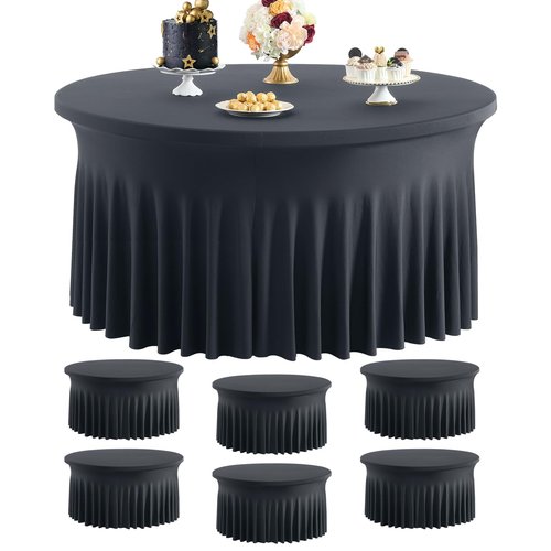 6 pk Black Spandex Round Tablecloth 60 inch with Ruffled Skirt,Wrinkle Free High-Stretch 120 inch Table Cloths Fitted 5ft Round Elastic Spandex Table Covers for Party Wedding Banquet Dinning Tables