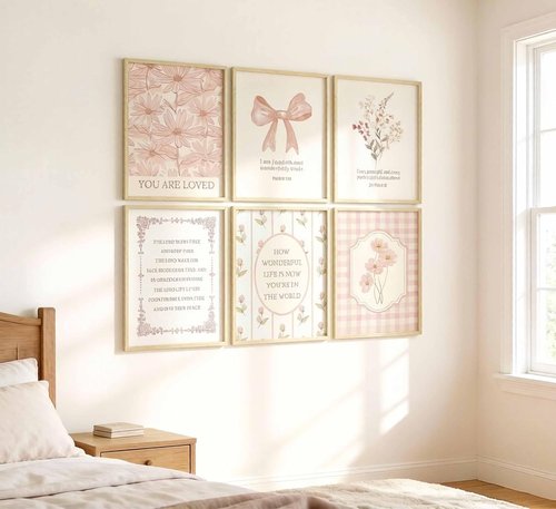 CBLIORUD Pink Christian Flower Canvas Wall Art - 6Pcs Bible Verse Decor for Bedroom & Nursery