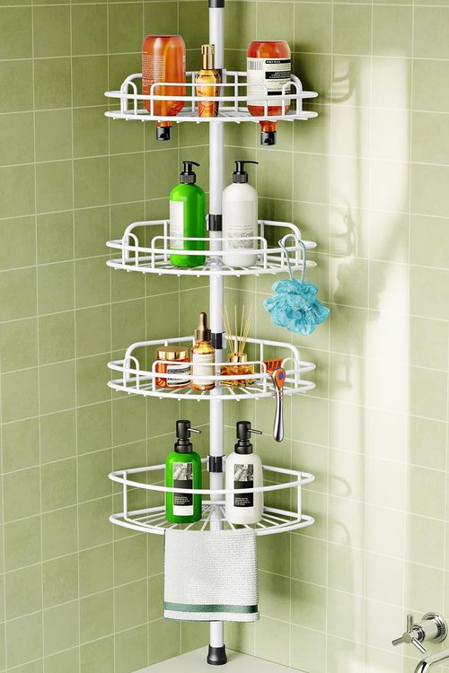 HAMITOR Corner Shower Caddy - Rustproof Tension Pole Organizer for Shampoo & Accessories | 47-121 Inch - White