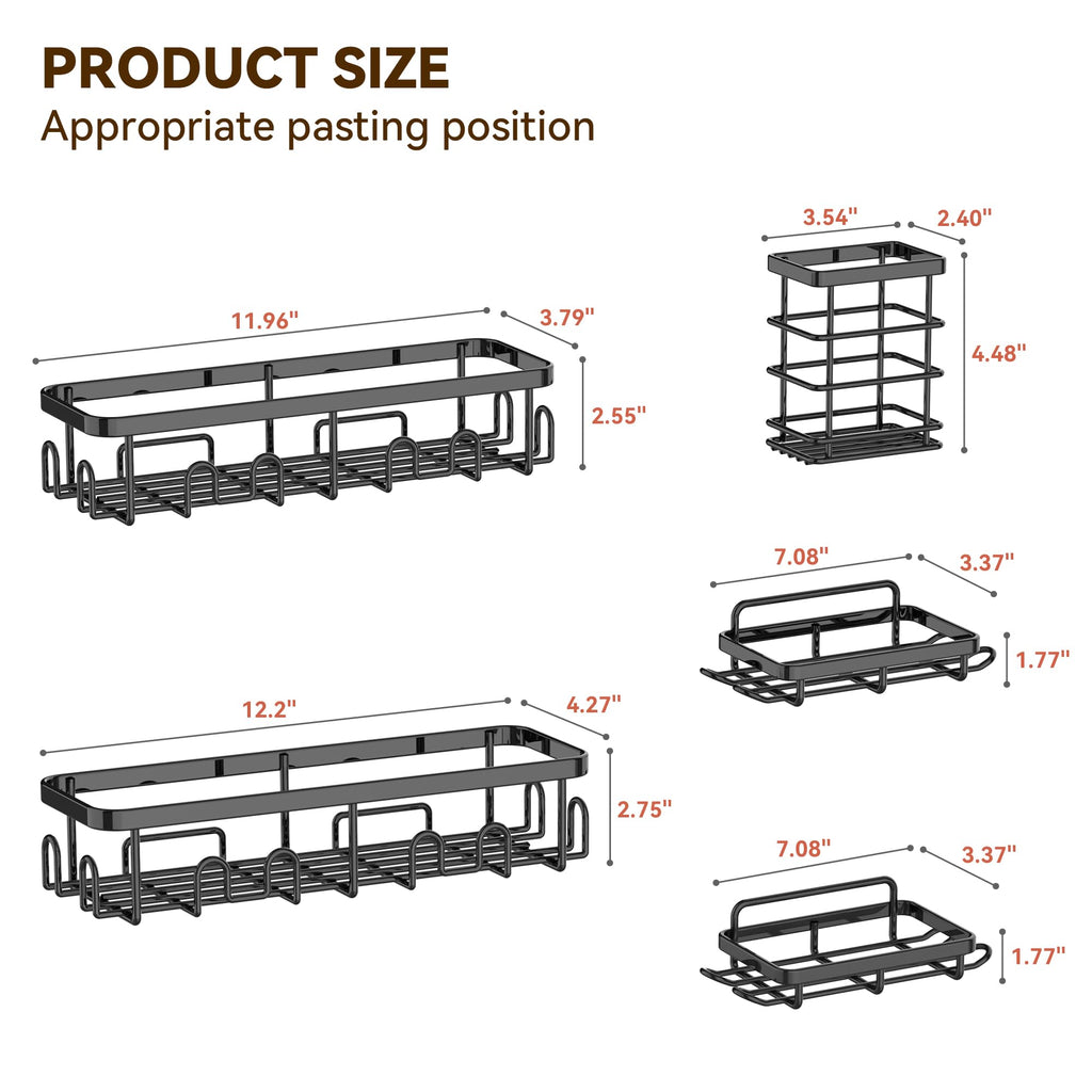 YASONIC Adhesive Shower Caddy, 5 Pack Black Shower Shelves for Inside Shower, Rustproof Shower Organizer with Soap and Toothbrush Holder, No Drilling Shower Storage for Bathroom/Kitchen