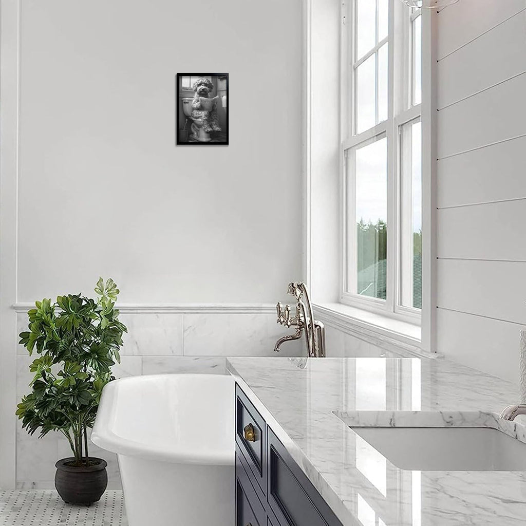 OIQArt Funny Bathroom Wall Art - Black & White Teddy Dog Canvas Print | Modern Minimalist Decor
