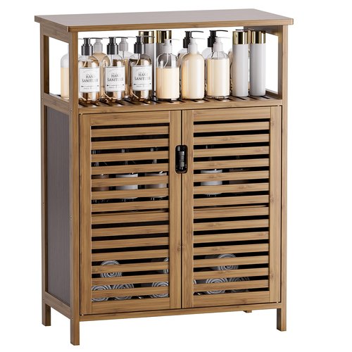 HITNET Walnut Bathroom Floor Cabinet, Bamboo Side Tall Storage Organizer, Freestanding Kitchen Cupboard with Door and Shelf